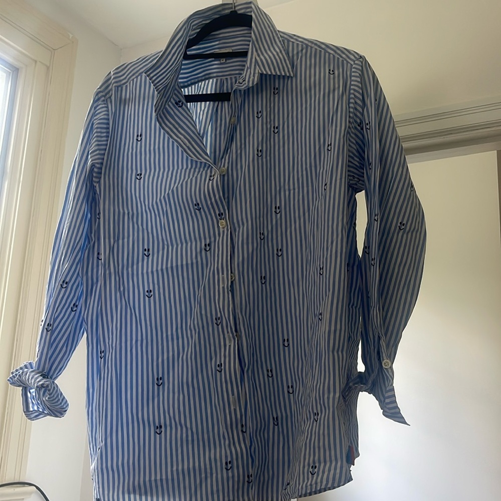 KULE Blue and White Striped Button-Up with Anchor Embroidery